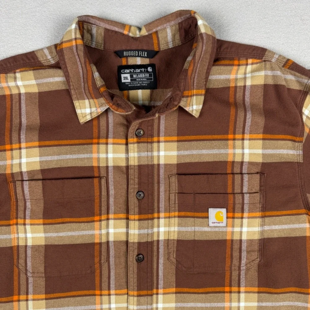 Carhartt Rugged Flex Plaid Flannel Shirt Mens 2XL Brown Orange TW5945-M Relaxed - Picture 2 of 9